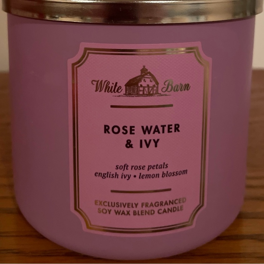 “Rose water & Ivy” 3-wick scented candle. Bath & Body works.